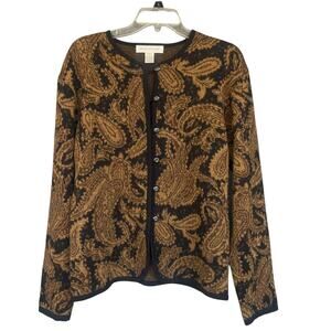 Jones New York Cardigan Sweater Womens Medium Black Brown Paisley Lambswool